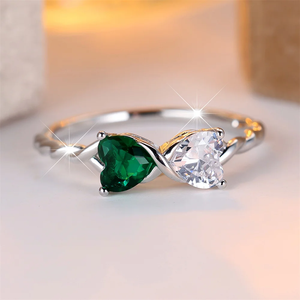 Green Crystal White Zircon Double Heart Stone Bowknot Rings For Women Rose Gold Silver Color Wedding Jewelry Valentines Day Gift