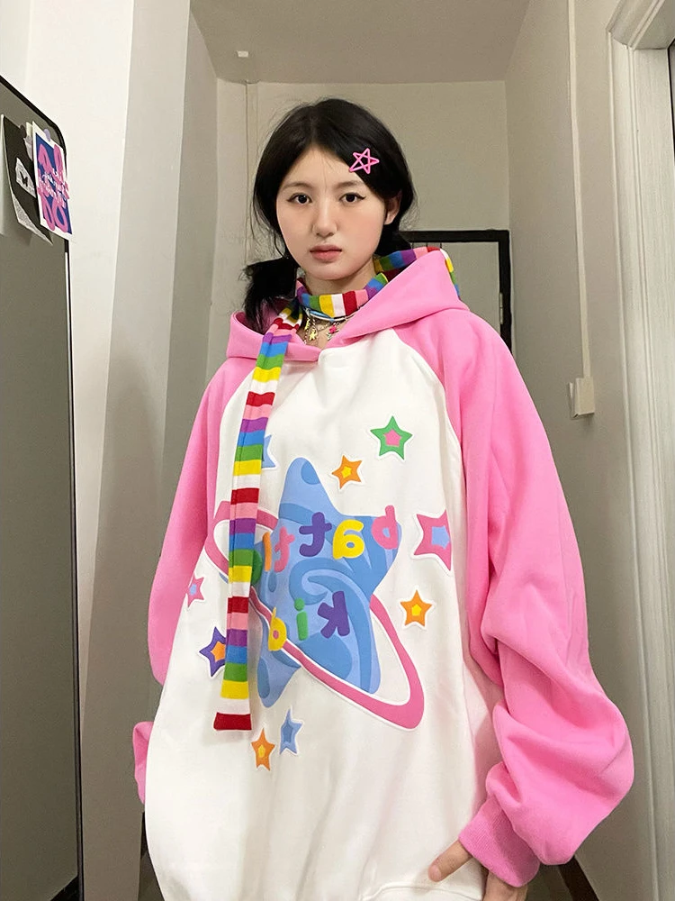 

ADAgirl Y2K Aesthetics Star Graphic Hoodies Women Raglan Sleeve Sweatshirt E-girl Casual Oversized Streetwear K Pop Clothes Chic