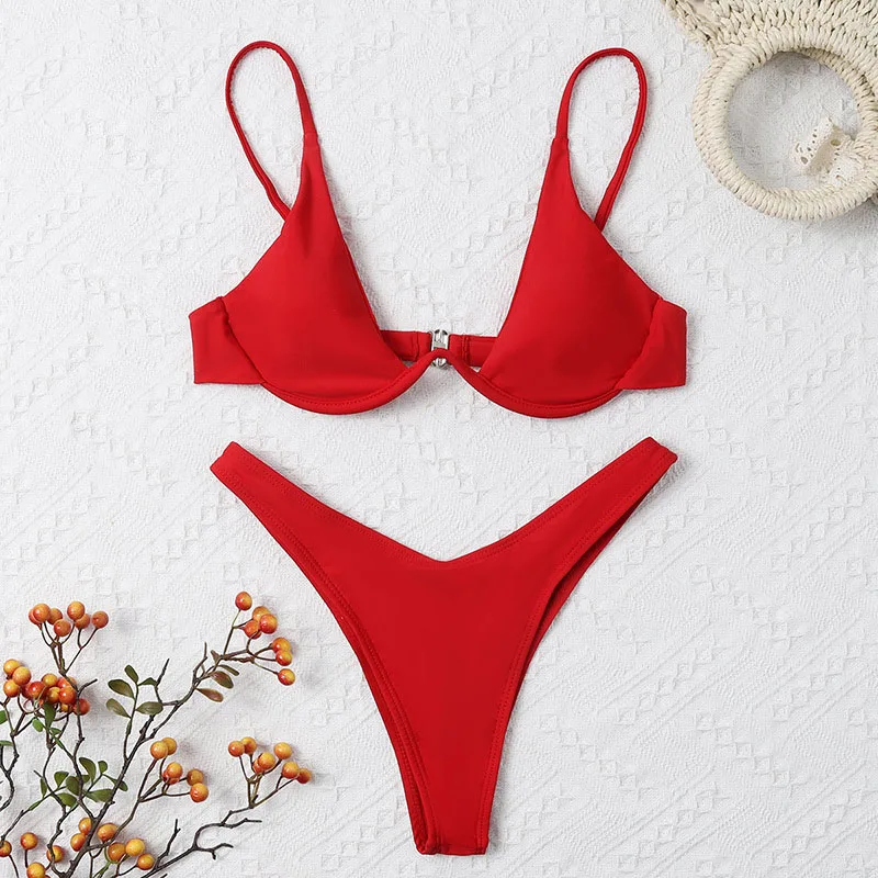 Sexy Underwire Bikini Women Solid Push Up Bra Thong Swimsuit 2025 Two-Pieces Bathing Suit High Waist Beach Swimwear Brazilian