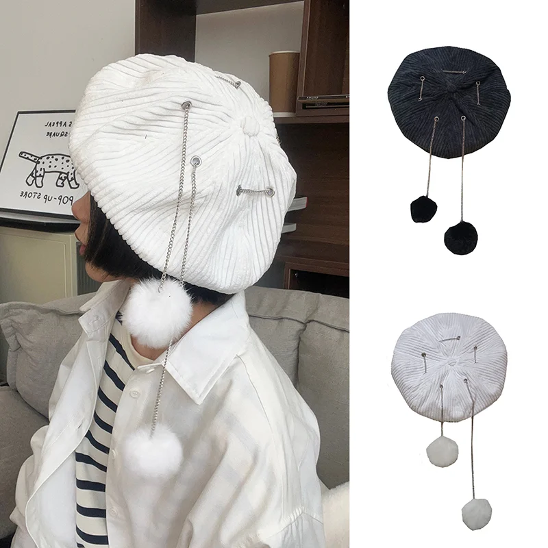 

Модная Вельветовая шапка Y2k с рисунком облаков, теплая осенне-зимняя шапка с цепочкой и помпоном, берет для женщин, зимние шапки