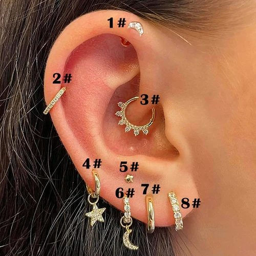 헬릭스 피어싱 귀걸이, 여성 1 개 격막 로브 Tragus 귀 후프 2022 작은 별 달 지르콘 골드 컬러 우아한 바디 쥬얼리 선물 2