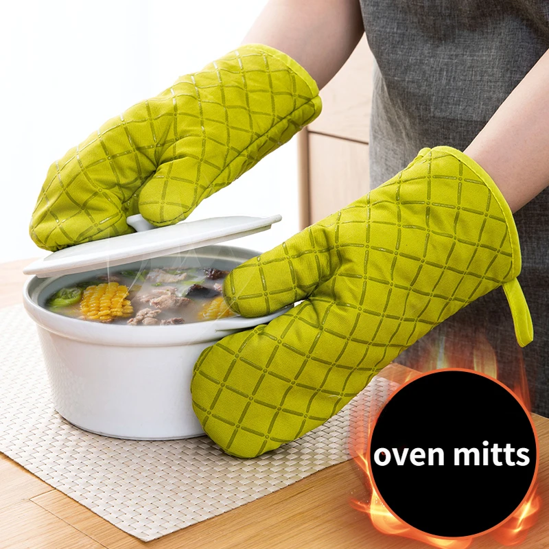 Kitchen Cooking Gloves Heat Resistant Silicone Printed Cotton Lining 