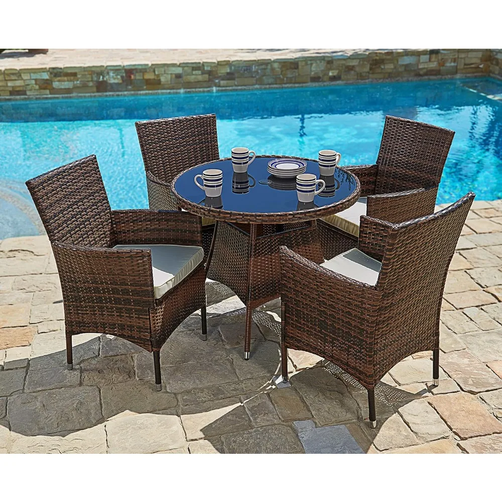 

5 Piece Outdoor Dining Set All-Weather Wicker Patio Dining Table and Chairs With Cushions Outdoor Garden Living Room Set Camping