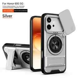 Armor Capa Anti - Drop Lens Slide Phone Case with Magnetic Car Ring Holder and Stand for Honor 600 Pro (Silver)