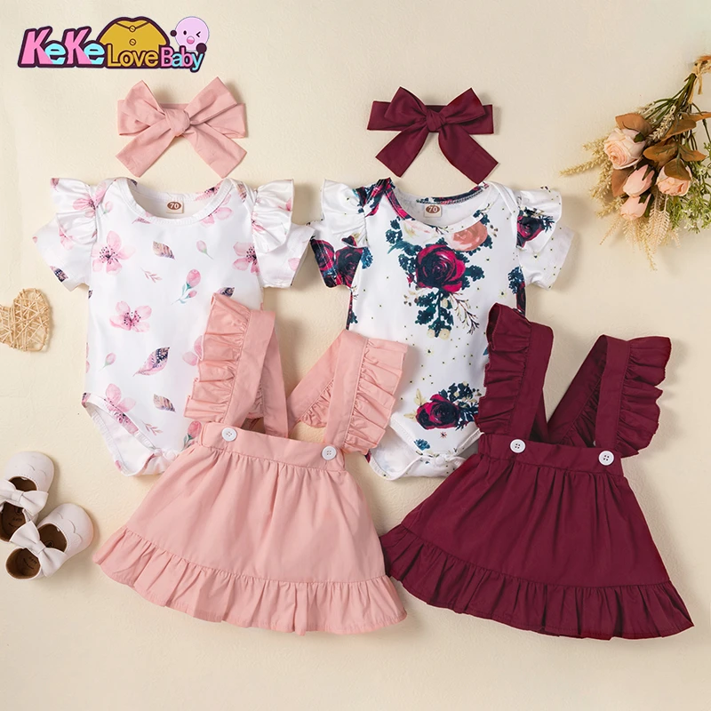 3PCS Summer Infant Baby Girl Clothes Set Cute Floral Print Flying Sleeve Romper Ruffles Suspender Skirt Headband Newborn Outfits Baby Clothing Set for boy