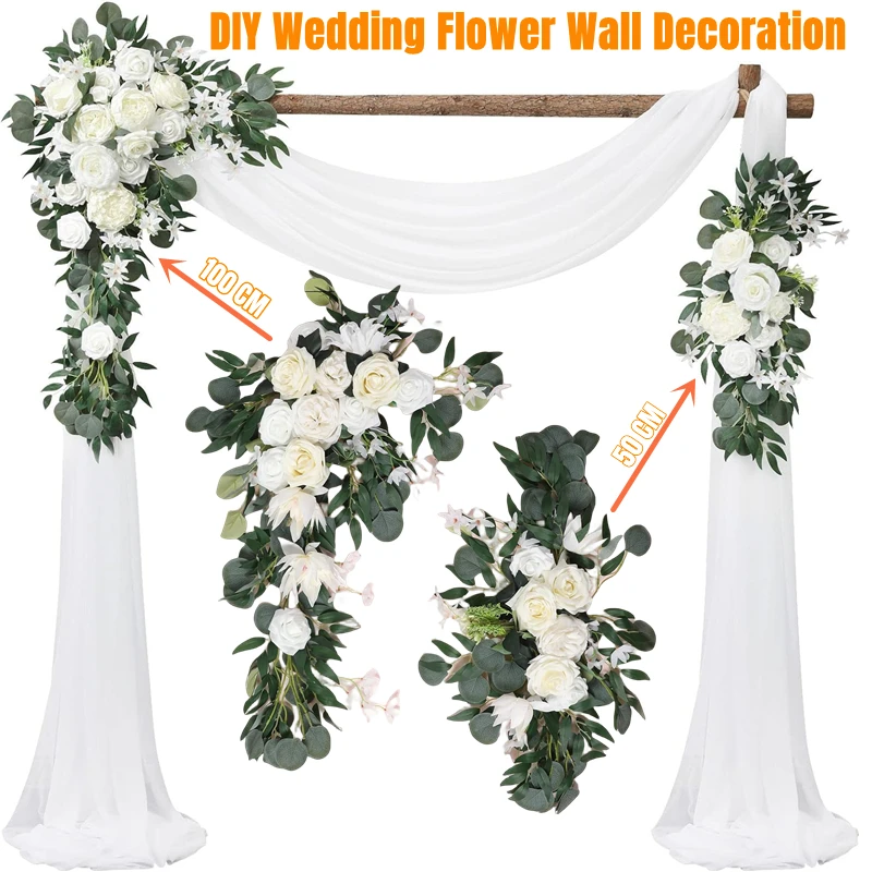 

100cm Luxury White Rose Artificial Flower Row Wedding Table Centerpiece Flowers Backdrop Wall Arches Decor Party Stage Floral