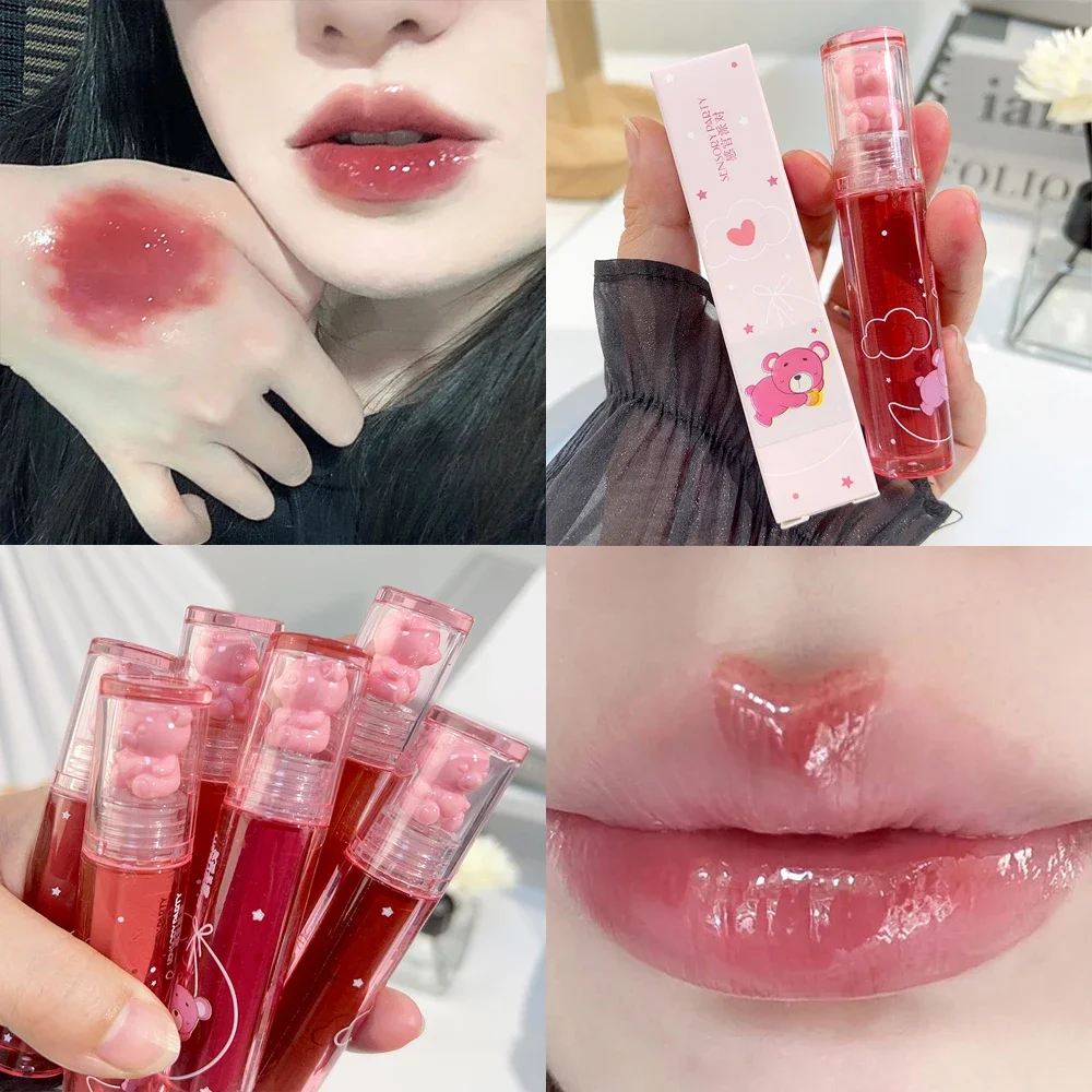 6 Colori Cute Bear Crystal Glossy Lip Glaze Trasparente Jelly Lip Gloss Water Mirror Rossetto Liquido Labbra Trucco Trucco Coreano