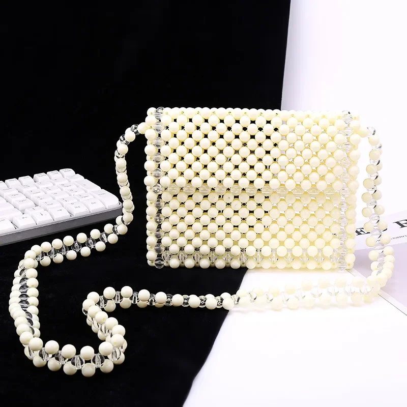 

New Fashion Ins Splicing Handmade Woven Flap Crossbody Bags Customized Crystal Acrylic Beaded Pearl Summer Women's Shoulder Bag