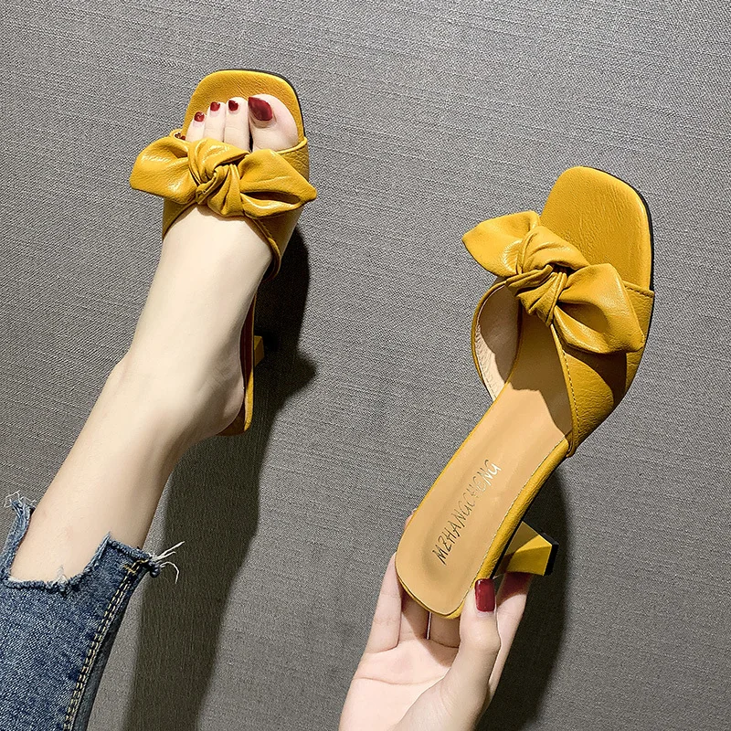 Rimocy Summer Fashion Slippers Heels for Women Solid Color Big Bowtie Slip on Sandals Shoes Woman 2021 Pu Outdoor Slides Mujer | Обувь
