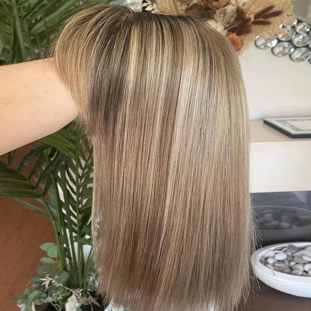 New Bob Wig Ash Blonde Highlight Synthetic Wig with Bangs for Women Short Straight Ash Roots Heat Resistant Cosplay Hair