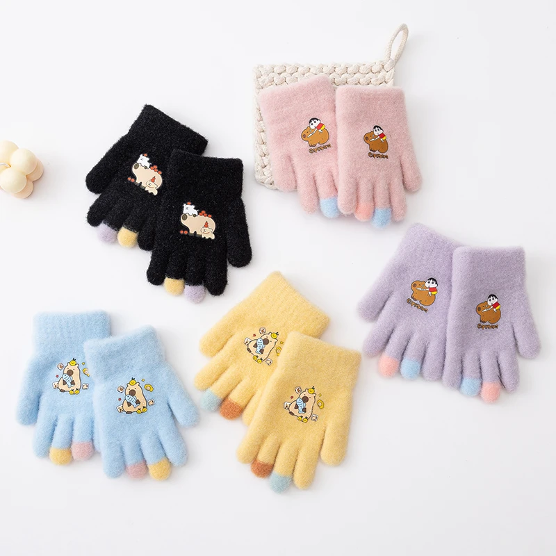2-5 Years Baby Girls Boys Gloves Winter Cute Cartoon Capybara Full Finger Mittens Children Outdoor Playing Warm Soft Kids Gloves