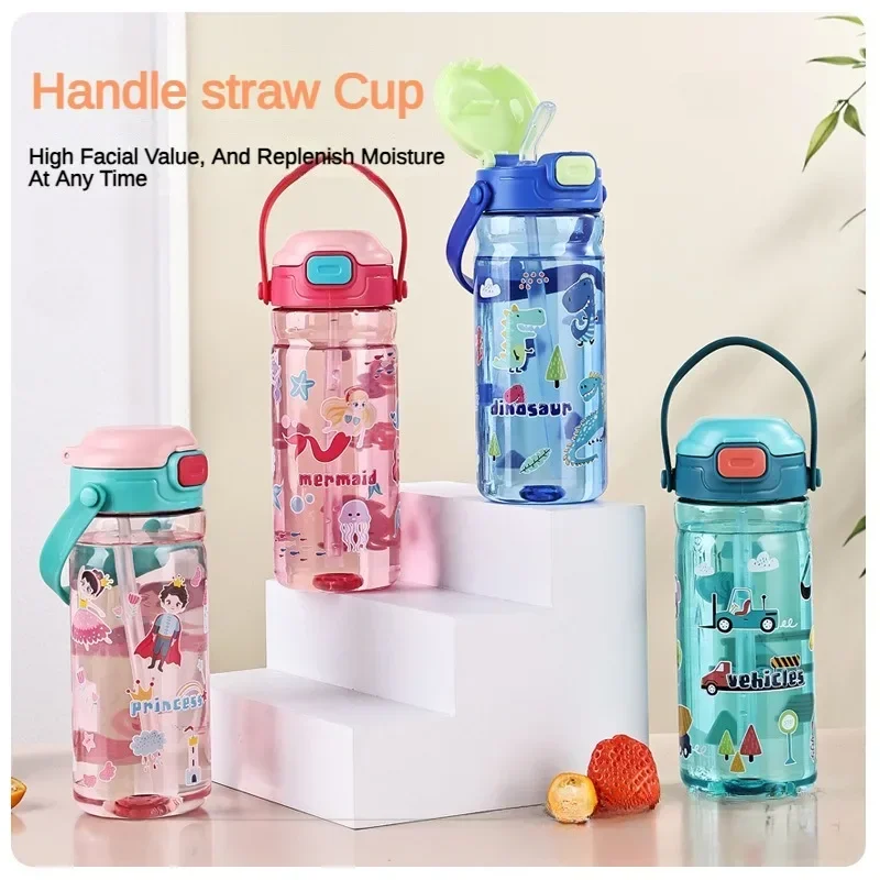 600Ml Kids Sippy Cup Plastic Cartoon Water Bottles Straw and Lids Portable Toddlers Beverage Cup Children's Day Gift plastic water bottle