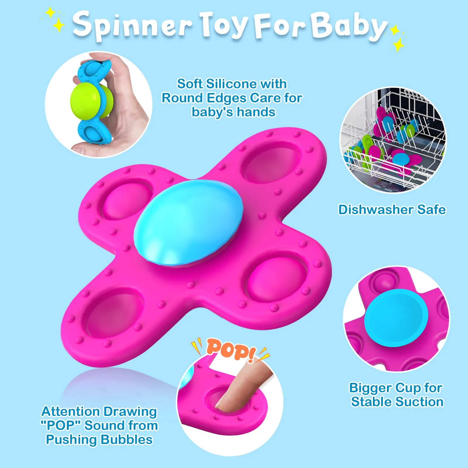 Suction Cup Spinner Toys Traditional Spin Teething Development Food Grade Silicone No Hole Safe for Kids Ages 10 months 1-3 4-8