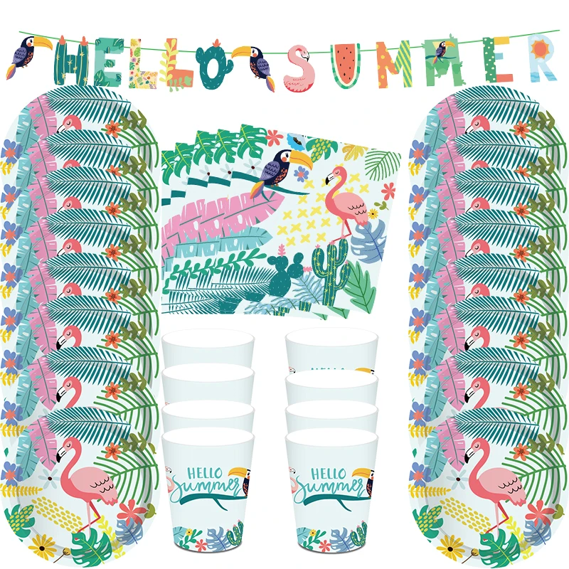 Cartoon Summer Flamingo Party Stoviglie Usa E Getta Aloha Luau Piante Tropicali Woodpecker Flamingo Print Paper Plate Cup Tovagliolo