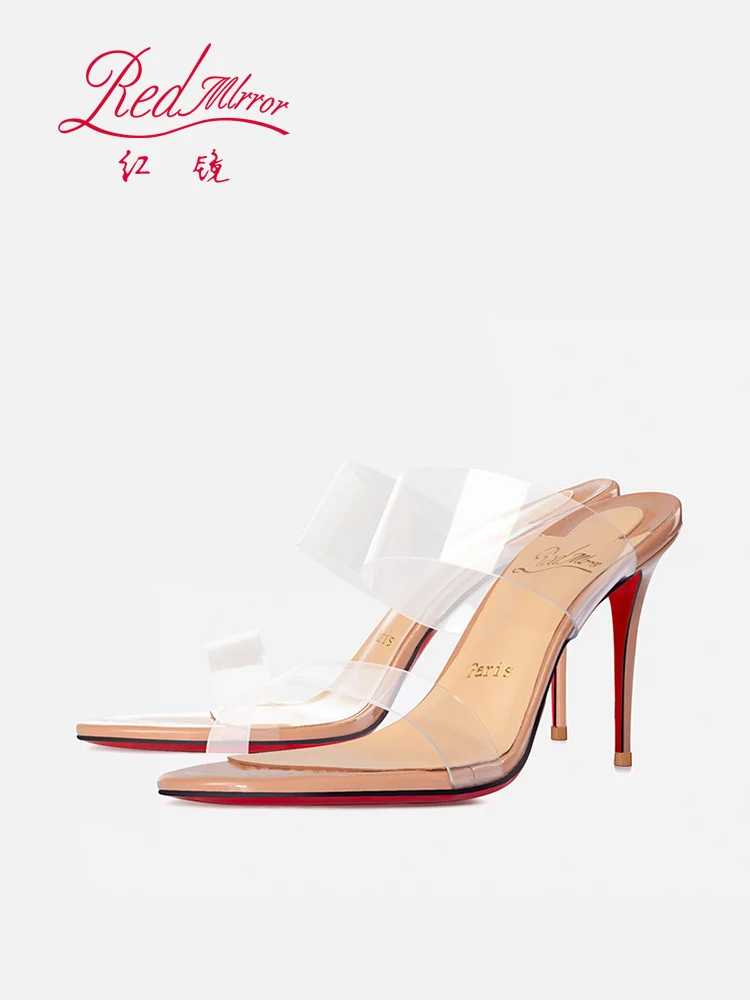 Red bottom transparent strap summer wear sandals, high heels, PVC soft, not yellow, open toe, empty back, handmade women's shoes