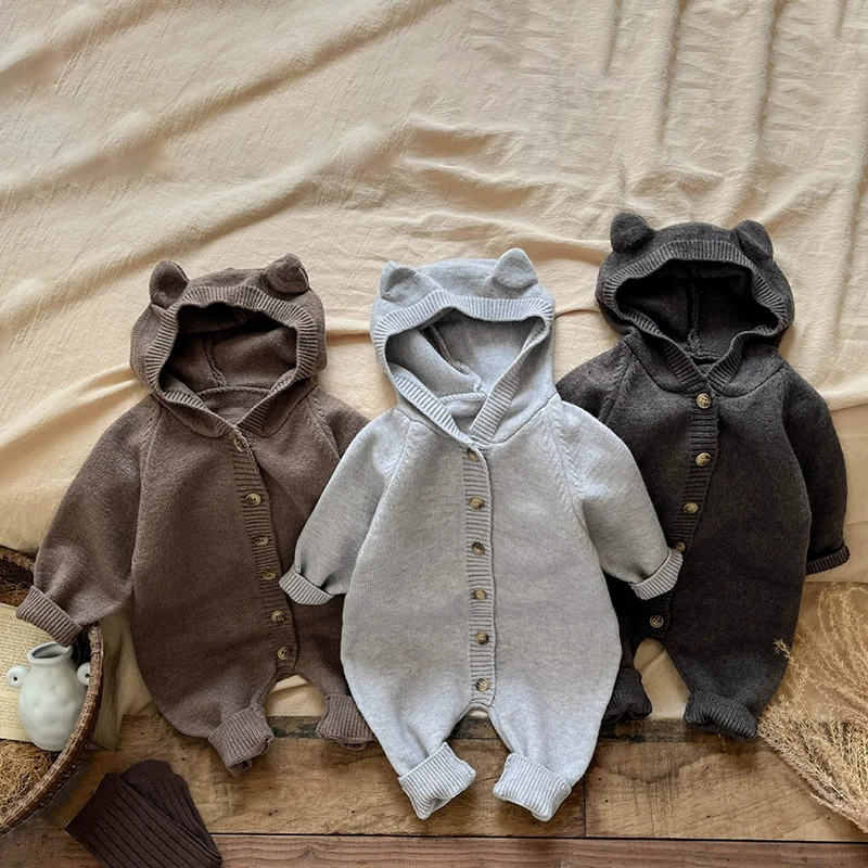 New Autumn Baby Romper Knitted Newborn Girls Jumpsuit Outfit Hooded Toddler Children Clothing Cartoon Bear Ears Knitted Clothing 1