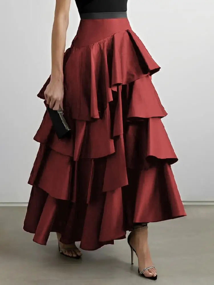 Onecozyday Female Stylish Selection High Waisted Falbala A-Line Maxi Skirts 2023 Korean Fashion High Waist Long Skirts For Women