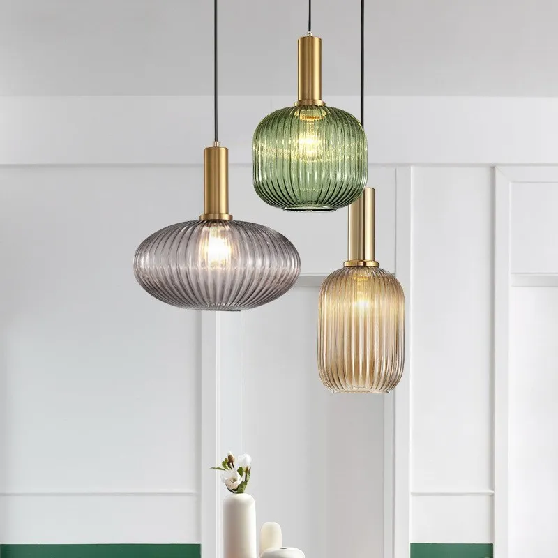 

Modern LED Glass Pendant Light Cognac Stripe Lantern Hanging Lamp Room Green Decor Fixture Bedroom Dining Room Smokey Grey Lamps