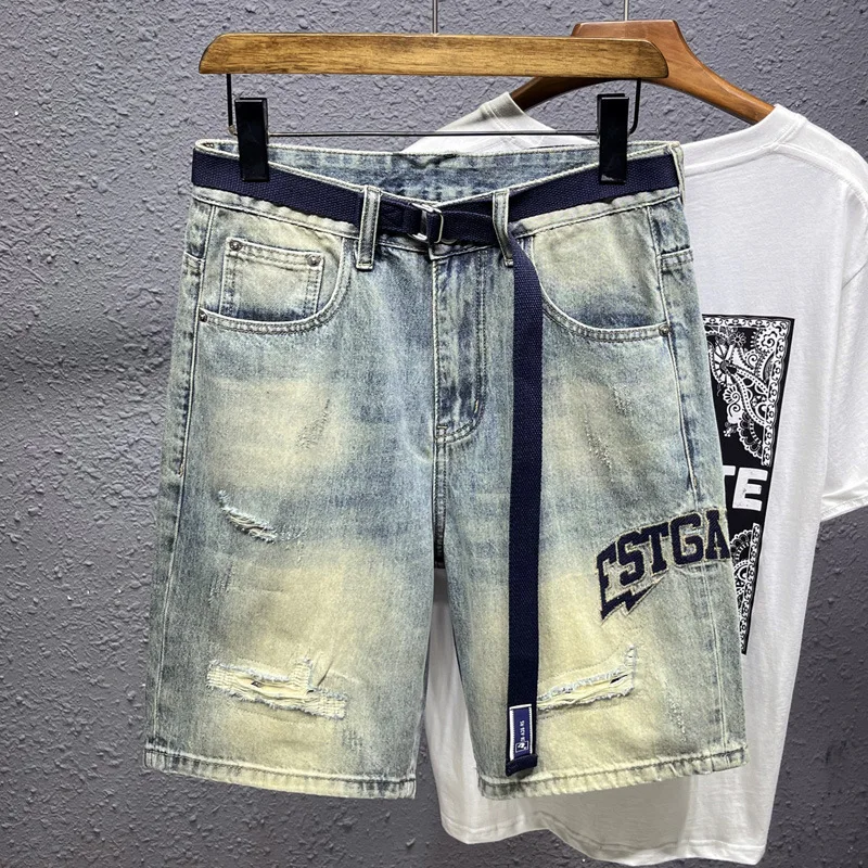 2024Summer New Nostalgic Light Blue Middle Pants Denim Shorts Men's Trendy Casual Stretch Fashion Fifth Pants