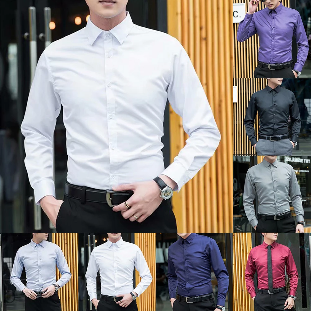 

Mens Fashion Formal Business Shirts And Blouses Solid Color Long-Sleeve Slim Casual Party Shirt Top Clothing Male Clothing