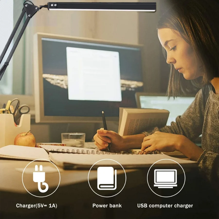 Adjustable LED Desk Lamp with Clamp - Dimmable Eye-Caring Light, 10 Brightness Levels & 3 Lighting Modes