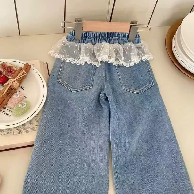 Mädchen-Jeans mit Spitzenapplikationen, Neue Bestickte Schleifen-Jeans, Kinderkleidung, Gerade Hosen, Weite Hosen für 2-8 Jahre – Detail 5