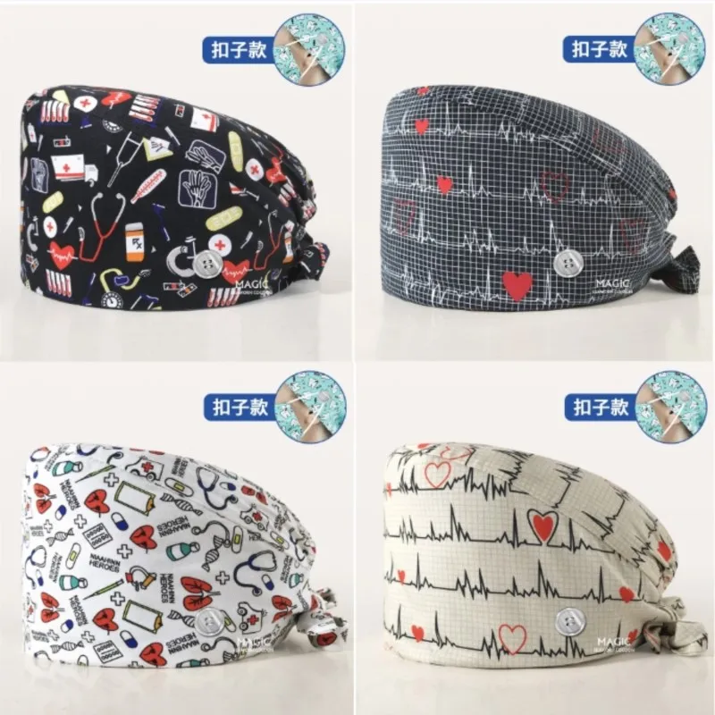 

Printed surgical cap cotton Button Scrub hat female doctor nurse cap Dental beauty salon work cap gourd cap nursing accessories