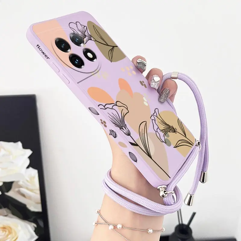 Elegant Artistic Line Flowers Crossbody Lanyard Silicone Phone Case