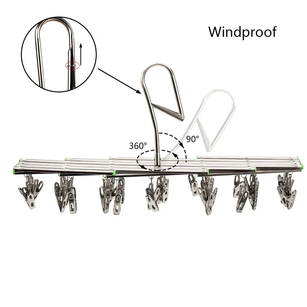 Folding Drying Rack with 35/20 Clips Stainless Steel Windproof Underwear Socks Clip Swivel Hook Hanger Space Saving Drying Rack 4