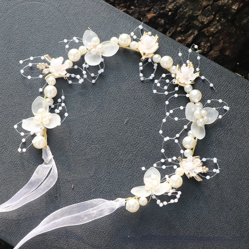 

Spring Bohemian Girls Bridal Pearl Hair Headdress Flower Wreath Bride Garland Head Hoop Headbands Hair Jewelry Children Gifts