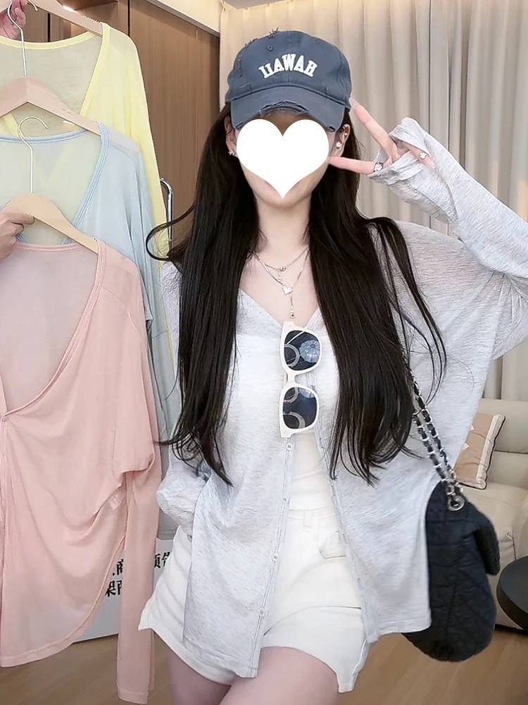 얇은 얼음 실크 태양 보호 카디건 여성 여름 새 스타일 게으른 맞는 v 넥 겉옷 캐주얼웨어를위한 긴 소매 탑