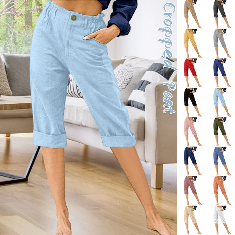 Women Summer Capris Pants Casual Elastic High Waist Calf-Length Trousers Streetwear Sports Cropped Pants Overalls Cargo Shorts women s high waist printed jeans overalls fashion printed stitching boyfriend and mom loose jeans trousers y2k jeans full length