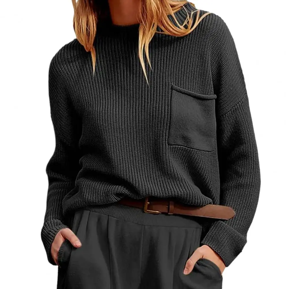 

Thin Knitting Sweater Women Autumn O-neck Long Sleeve Pocket Splicing Thin Solid Color Casual Basic Jumpers Tops Streetwear