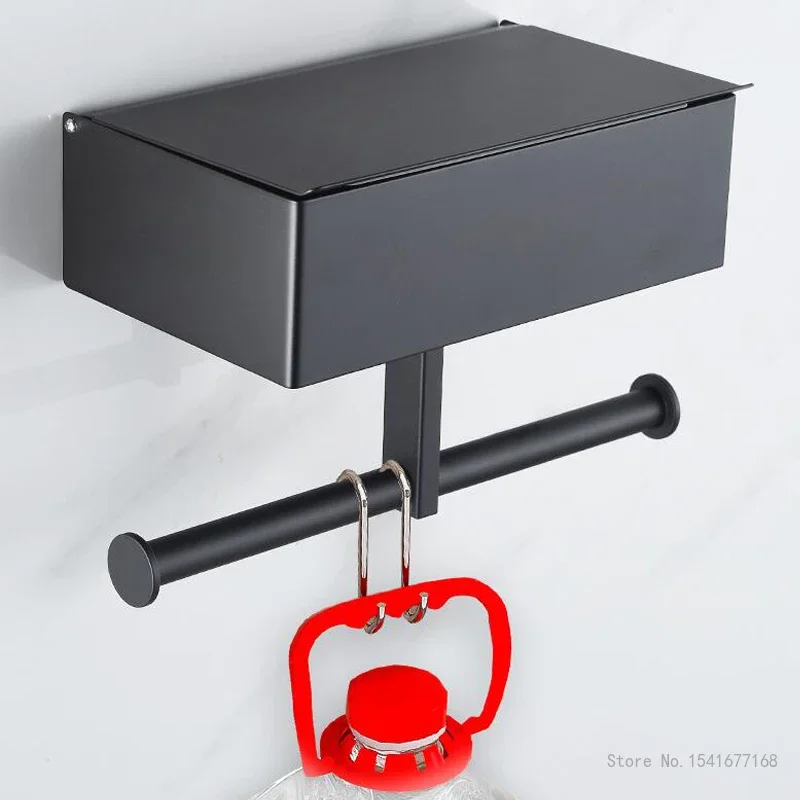 Stainless Steel Toilet Hanging Paper Holder Creative Light Luxury Household Bathroom Hotel, Multifunctional Black Tissue Box 1Pc
