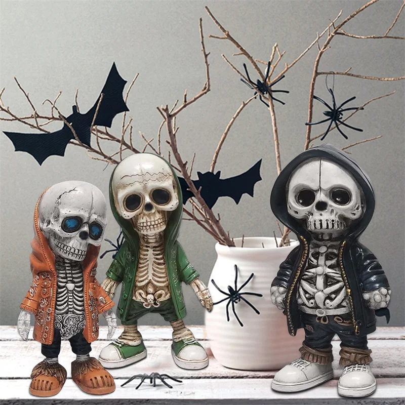 

Cute Skeleton Figurines Statues Halloween Decoration Skull Resin Miniature Statue Doll Room Ornament Home Garden Decor