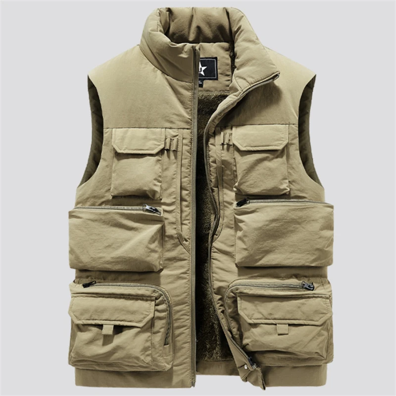 2024 New Men's Cargo Vest Winter Thick Fleece Warm Sleeveless Jacket Solid Color Tactical Coat Men Pockets Work Waistcoat 6XL 5xl baggy patchwork multi pockets cargo waistcoat work wear clothes photographer vest overall customized logo sleeveless coat