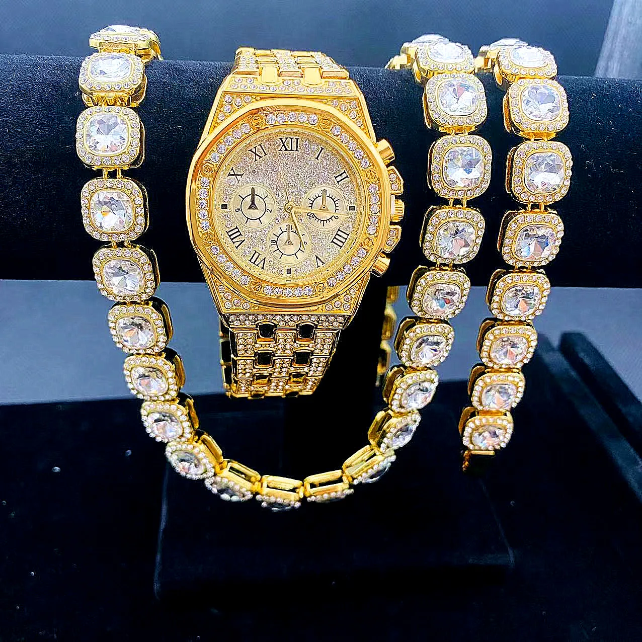 Top Brand 12mm Necklace +Watch+Bracelet Tennis Hip Hop Miami Curb Cuban Chain Iced Out Paved Rhinestones Women Men's Jewelry Set