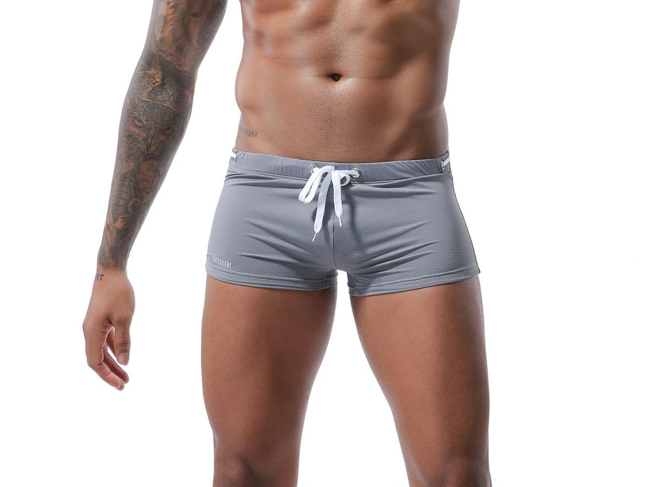 Summer Men's Boxer Swimming Trunks New Tethered Nylon Low Waist Solid Color Swimming Shorts