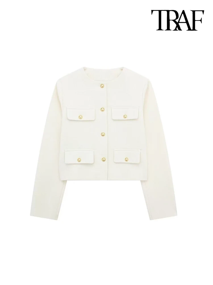 TRAF-Women's Golden Button Jacket Coat, O Neck, Long Sleeve, Female Outerwear, Chic Tops, Fashion 2