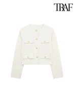 TRAF-Women's Golden Button Jacket Coat, O Neck, Long Sleeve, Female Outerwear, Chic Tops, Fashion 2