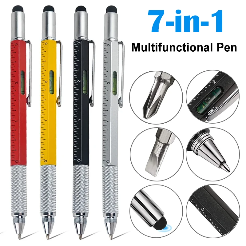 7 In1 Multifunction Ballpoint Pen with Modern Handheld Tool Measure Technical Ruler Screwdriver Touch Screen Stylus Spirit Level