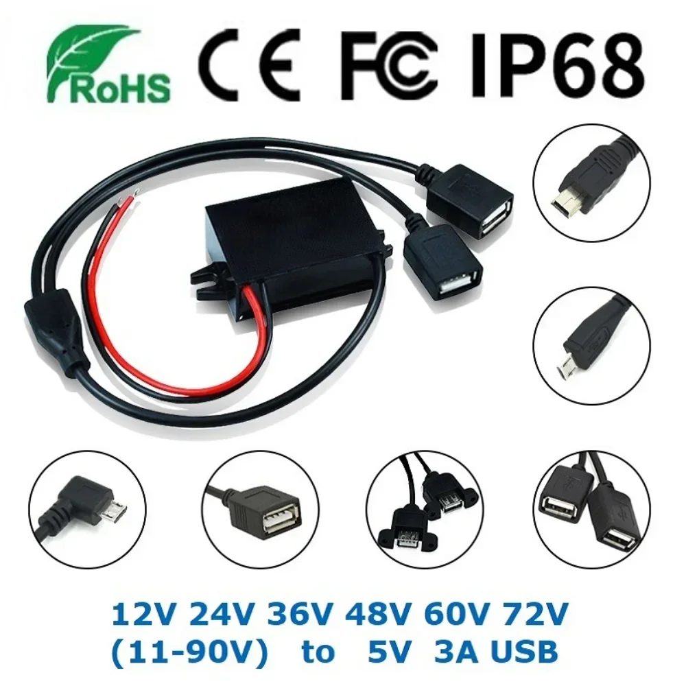 

12V 24V 36V 48V 60V 72V Buck to 5V 3A USB DC DC Step Down Power Converter Car Auto Phone Motorcycle Charger Adapter 11V-90V