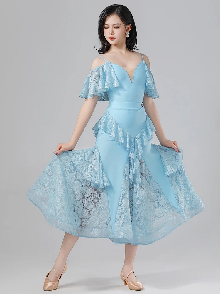 Ballroom Dance Dress For Girls V-Neck Lace Performance Costumes Children Waltz Modern Dance Competition Clothing DQS15695