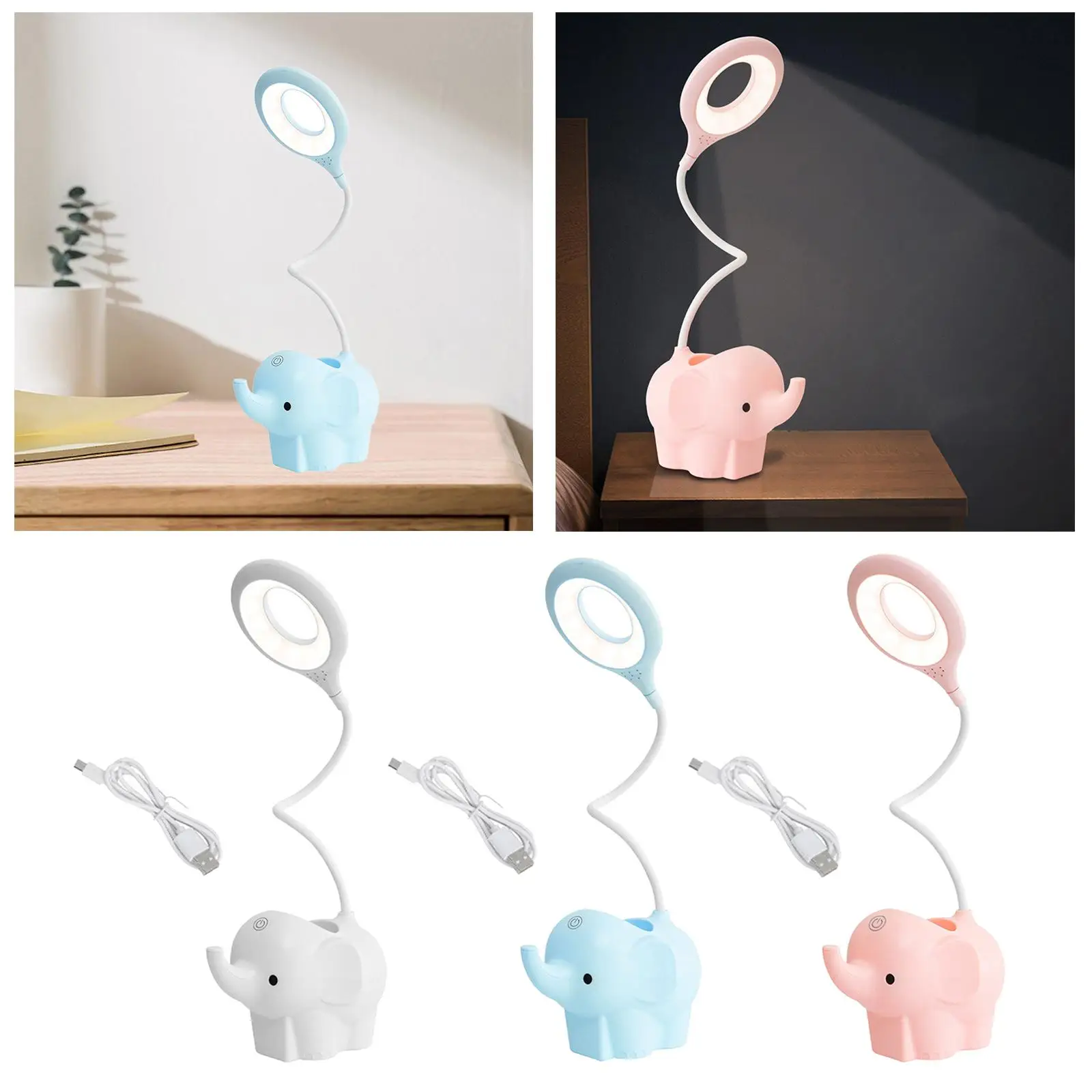 Elephant LED Table Desk Lamp Night Light 3 Stage Dimming w/Phone Holder