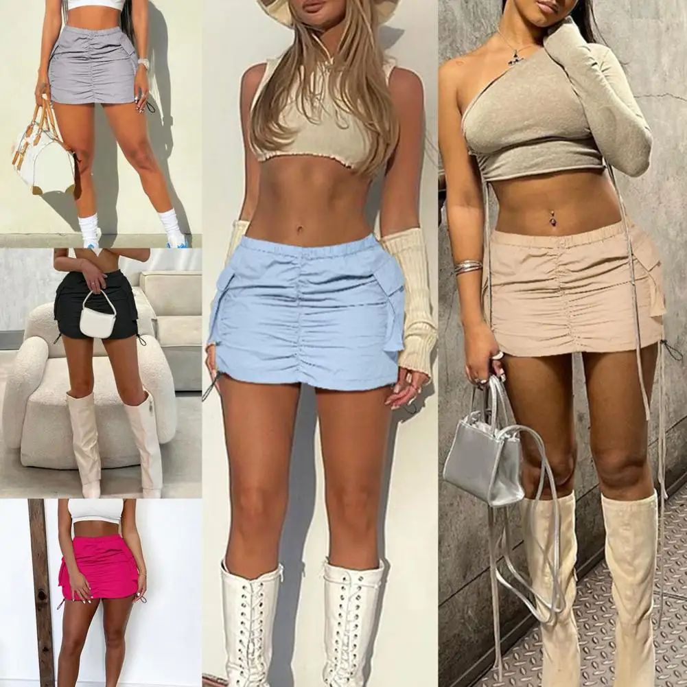 

Женская летняя Однотонная юбка-карго с высокой талией, эластичный пояс, плиссированная Спортивная мини-юбка со шнуровкой и боковыми карманами