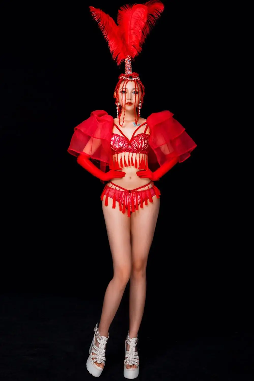 

DJ Nightclub Costume Model Catwalk Stage Wear Sexy Red Fringes Bikini Beading Feather Headdress