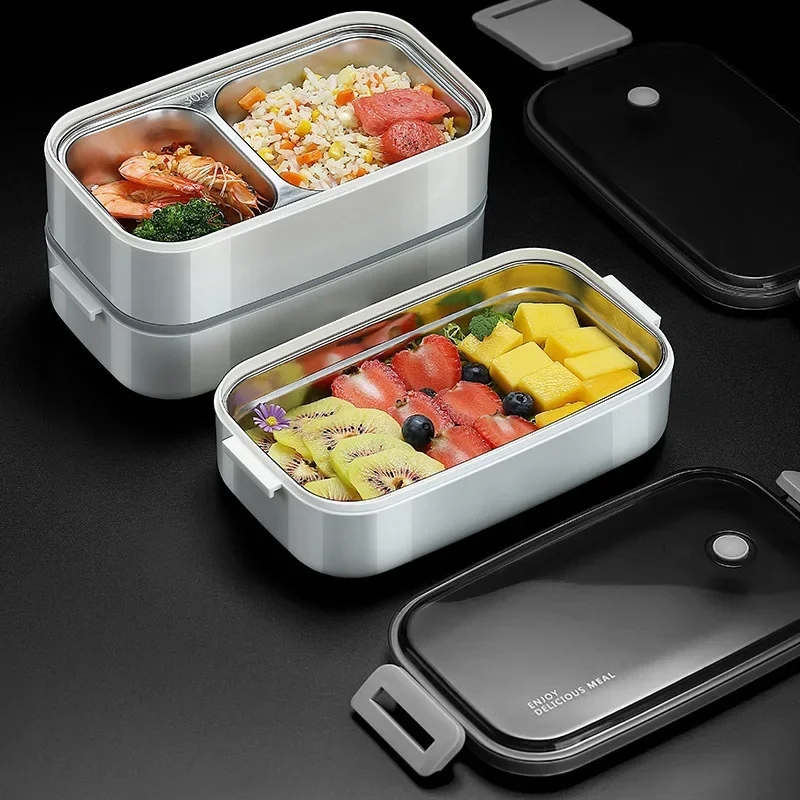 1pc Stainless steel lunch box, hot and cold lunch box with interlayer,  suitable for adults and children, food storage container, reusable and easy  to clean,Tableware color random