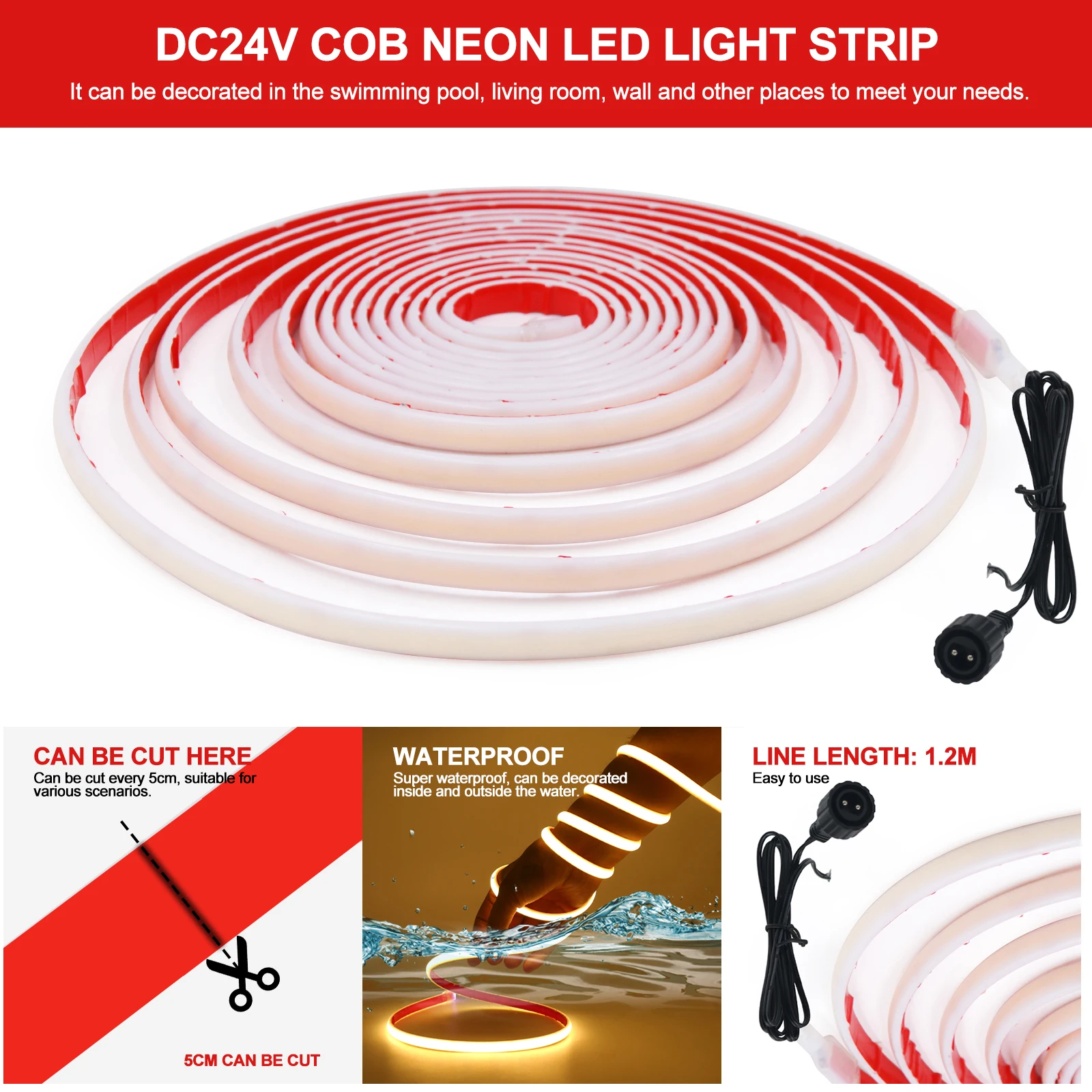 IP68 방수 태양 COB LED 네온 스트립 DC24V 320Leds/m 유연한 리본 테이프 화이트/레드/아이스 블루/핑크 LED 스트립 정원 장식