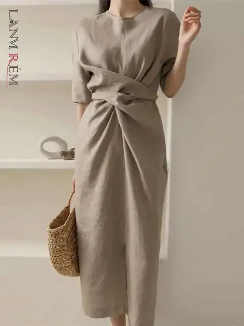 LANMREM Minimalist Irregular Women's Dress New O-neck Half-sleeve Lace-up Temperament Fashion Khaki Dresses 2025 Summer 2DE174