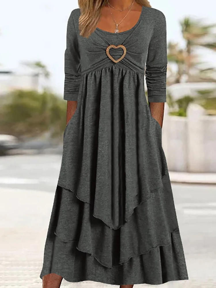 

Vintage Lady Long Sleeve Solid Tierred Dress Female Round Neck Patchwork Casual Dress Streetwear Casual Loose Ruffle Basic Dress